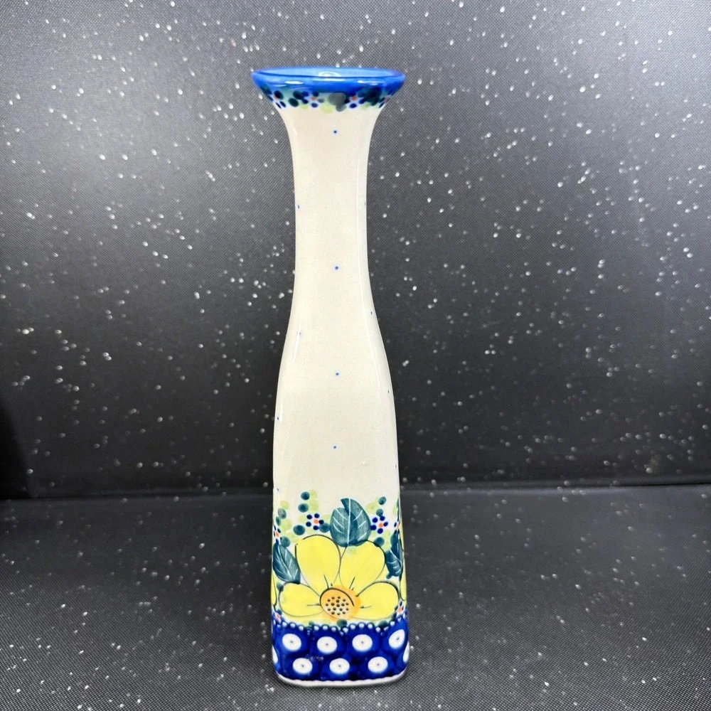 Boleslawiec Polish Pottery Bud Vase Monika J Signed Yellow Floral Blue 9.5in